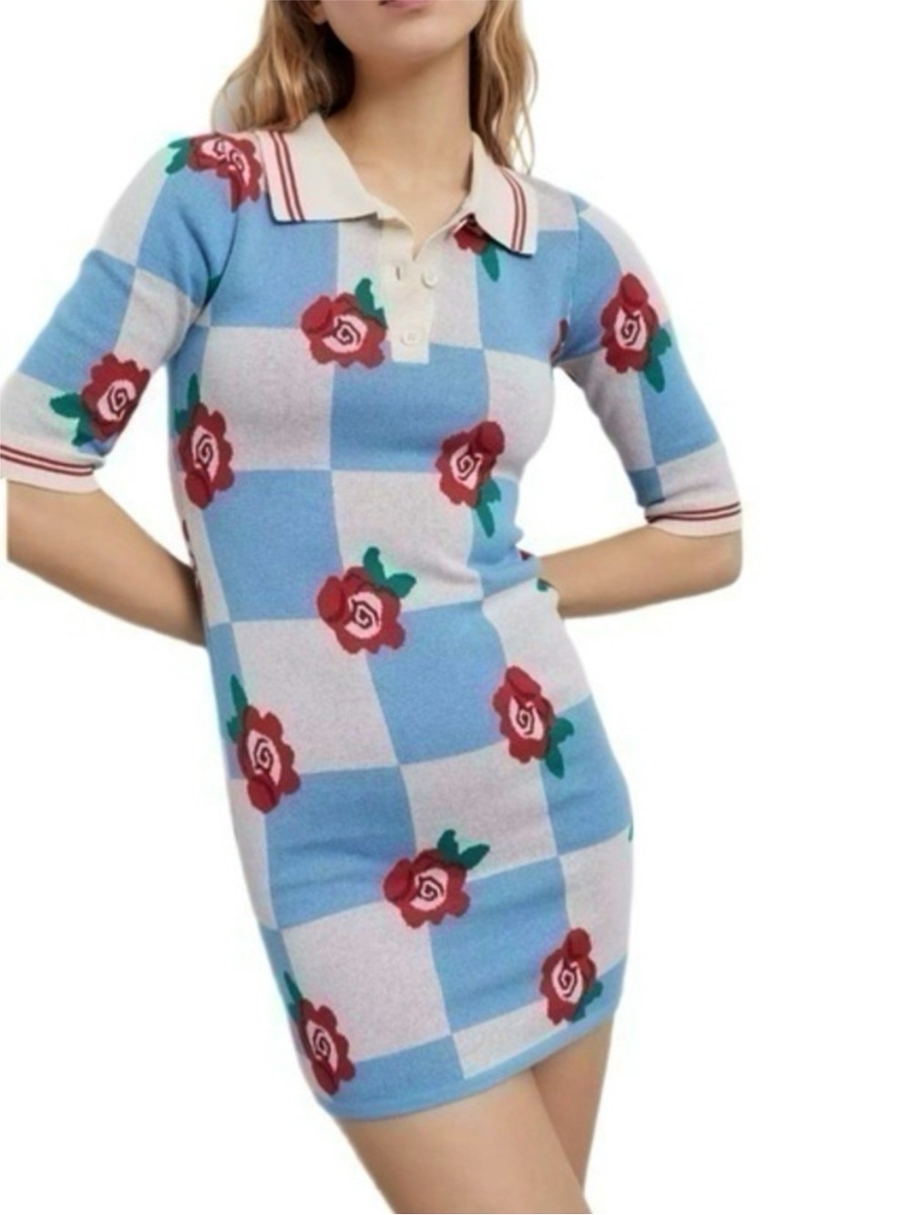 Glamorous | Knit Collard Mini Dress Blue Checkered Red Roses Print New